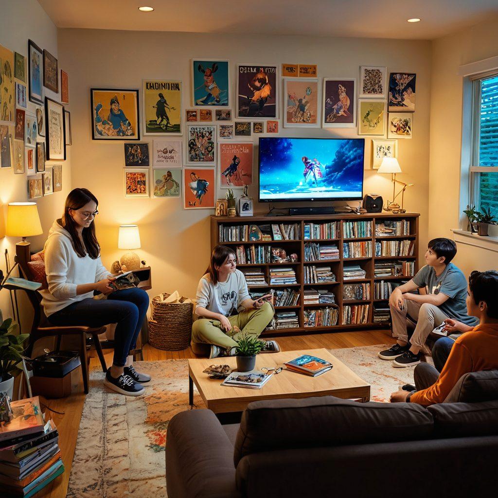 A family enjoying a cozy evening at home, surrounded by elements representing personal interests like anime posters, gaming consoles, and art supplies, harmoniously blending with a serene atmosphere. Soft lighting and warm colors enhance a sense of happiness and support, reflecting the balance between family life and individual passions. whimsical art style. vibrant colors.