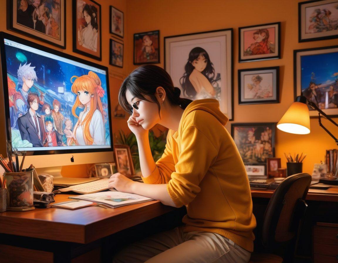A thoughtful individual sitting at a desk filled with colorful hentai artwork, surrounded by family photos that represent traditional values. The person contemplates a balance of interests, with one hand on their chin and a computer displaying a mix of family-oriented content and playful anime characters. Soft, warm lighting and a cozy atmosphere enhance the scene. super-realistic. vibrant colors. cozy setting.